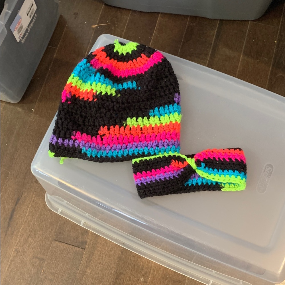 Hand knit Cotton Hat & Head Band Colourful Funky Unique Retro 80s 90s Black pink